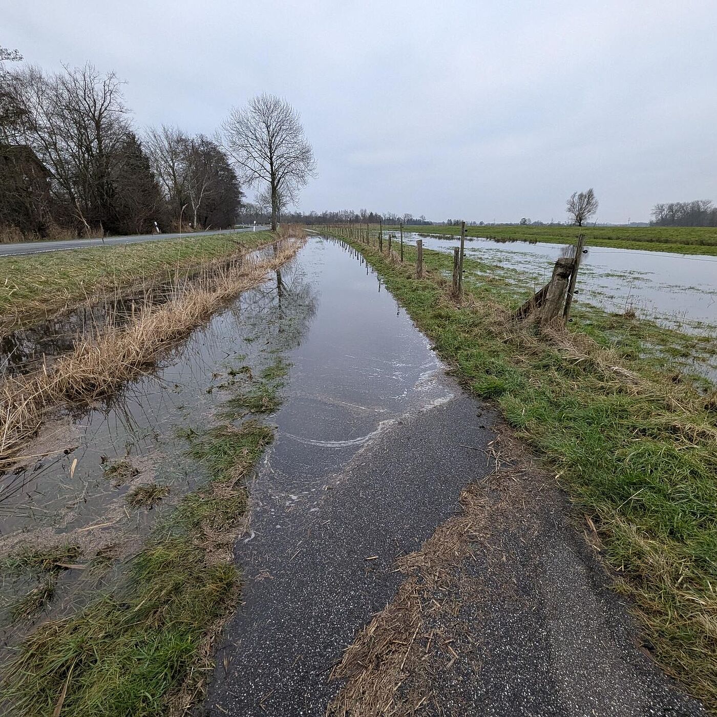 Ein überfluteter Fuß-/Radweg